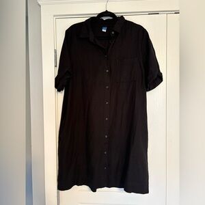 Black Button-Down Linen Mini Shirt Dress